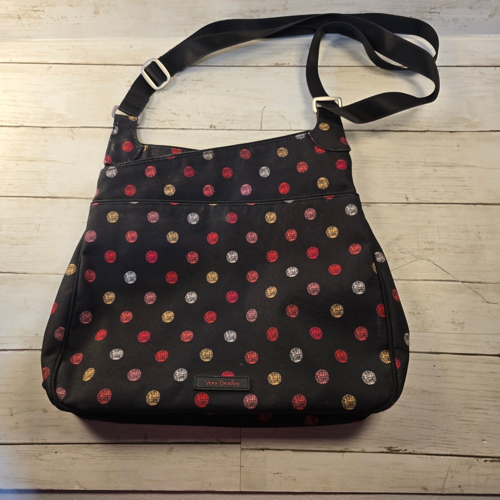 Vera Bradley Black Polka Dot Canvas Crossbody Bag Adjustable Strap Multi Color